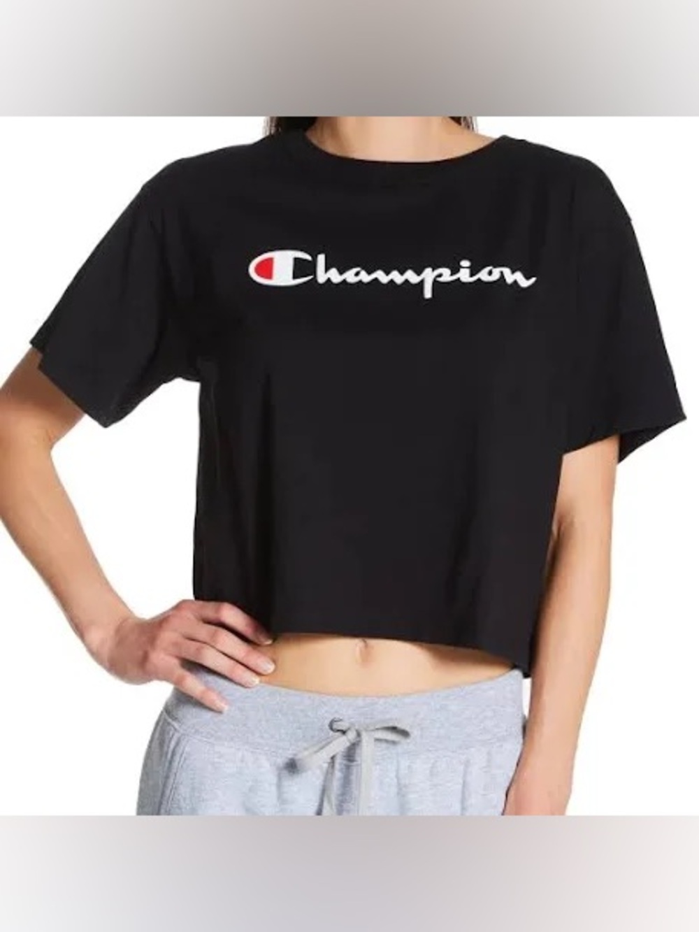 Champion Black Crop Top with White & Red Logo